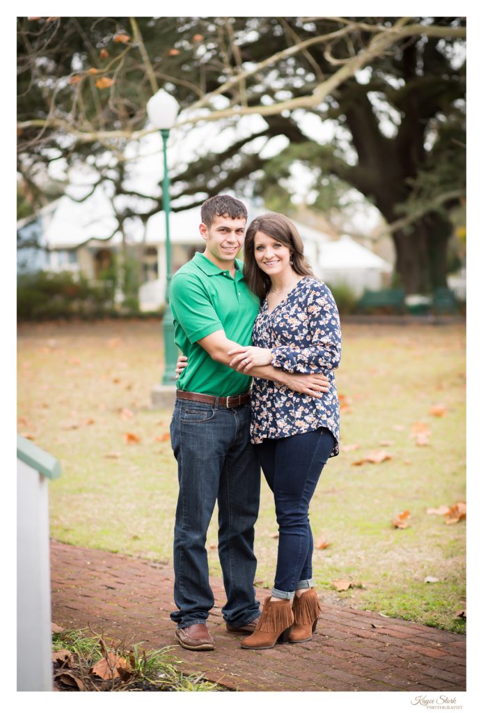 Engaged couple in downtown ocean springs for engagement session