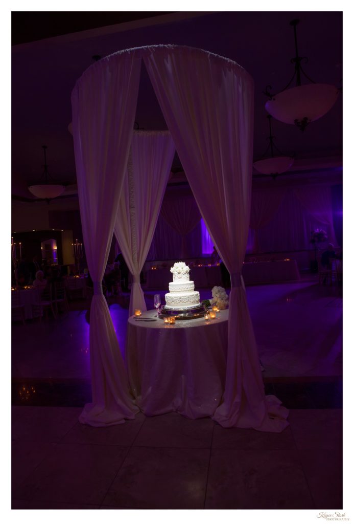 pin light on wedding cake from french kiss pastries while in the middle of halo draping by southern event productions