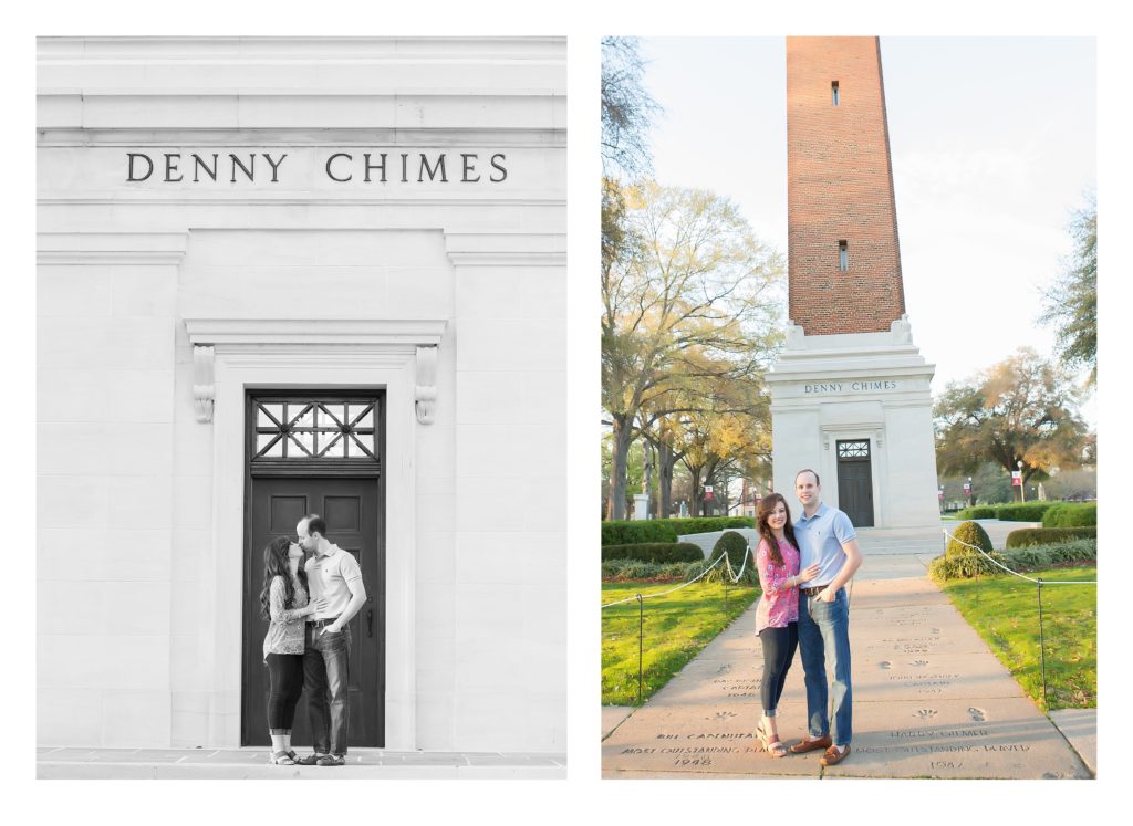 Bride and groom choose the university of alabama for beautiful engagement portraits in front of denny chimes